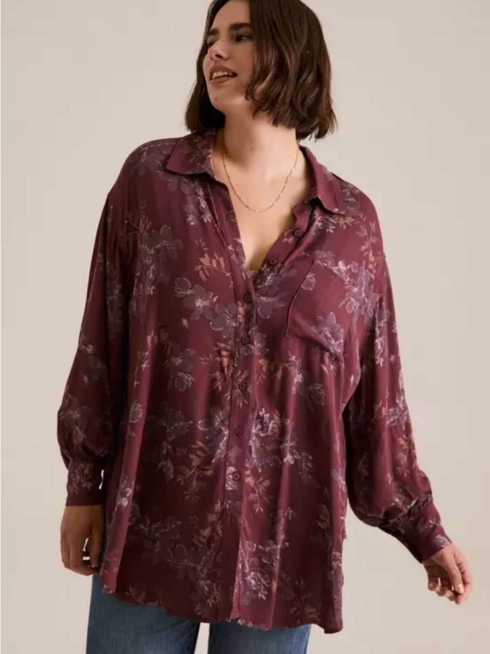 Torrid Festi Floral Rust Mahogany Button Down Blouse 4X Boho Prairie Cottage